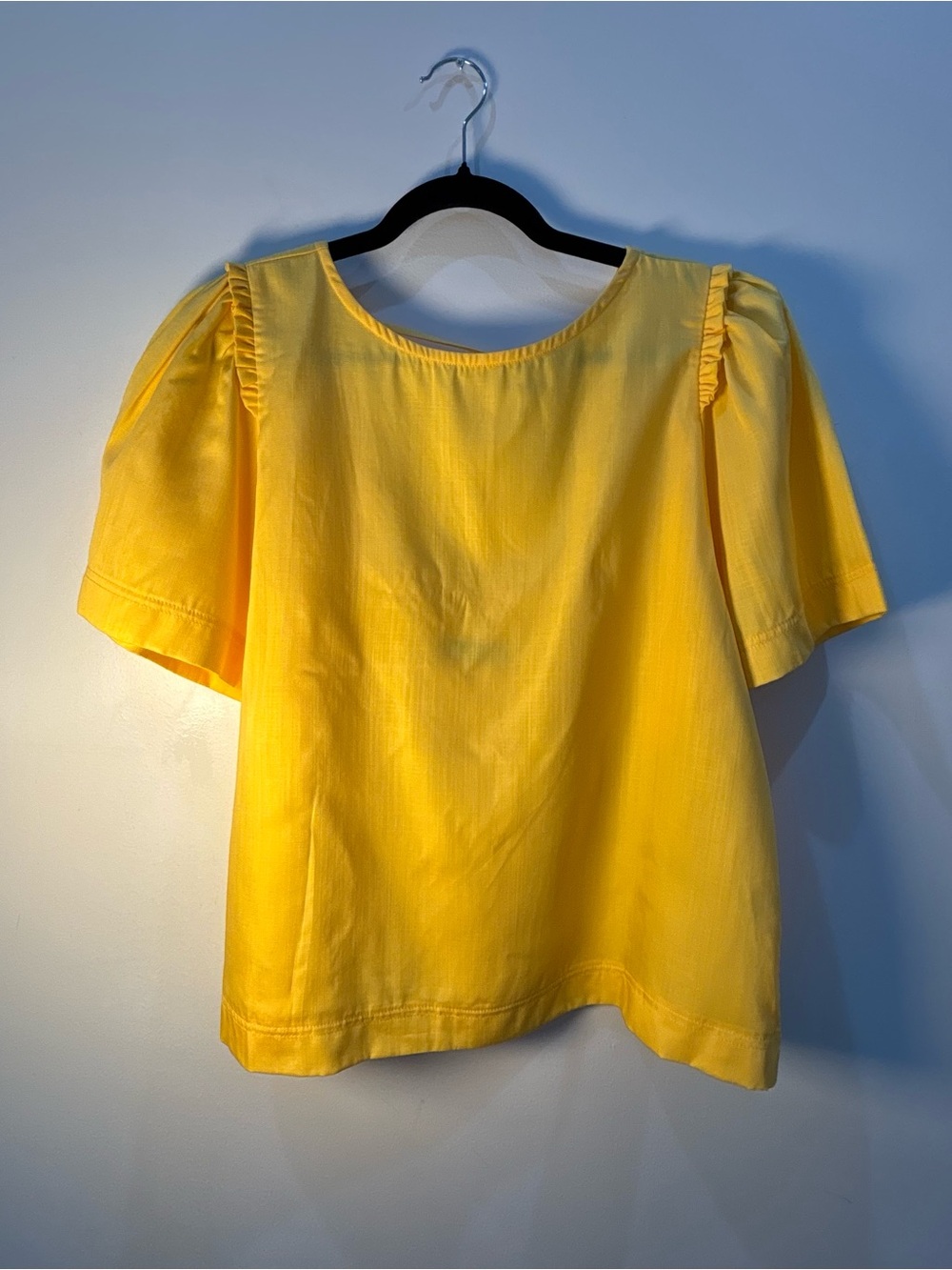 New York & Company Blouse XL Yellow Puff Sleeve Lyocell Cottagecore Tie Back Top - Picture 3 of 11